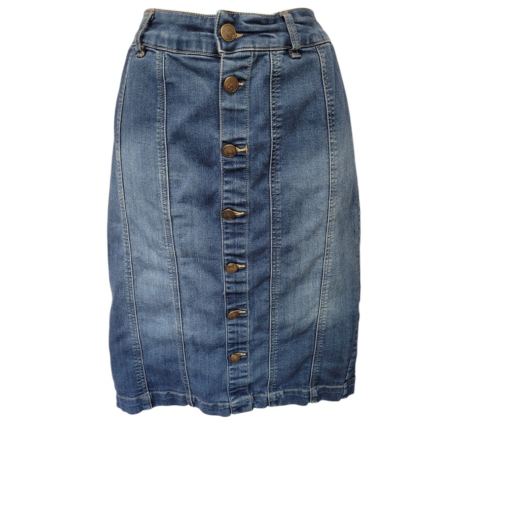 151 One 5 One Size M Womens Skirt Denim Jean Knee Length Med/Dark Wash Stretch